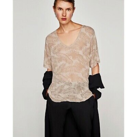 Zara NWT Tan‎ Cream Palm Leaf Ribbed High Low Top S - Picture 3 of 8